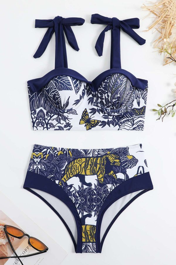 Hoge taille bedrukt donkerblauwe 3-delige badmode set met strandjurk Schn?ppchen – Bild 4