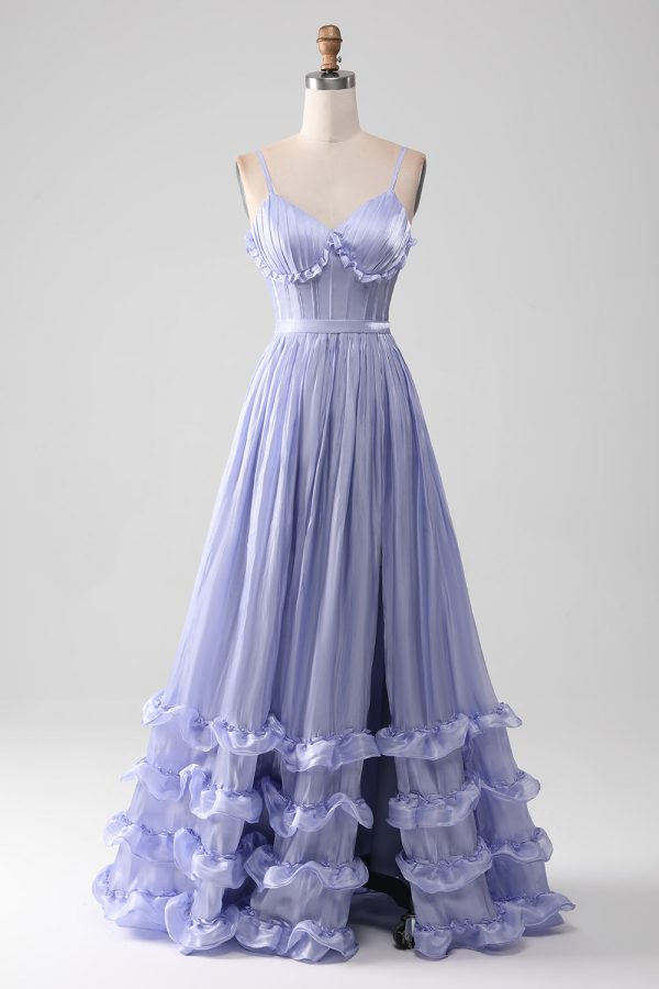 Lavendel Spaghetti Bandjes A Line Ruches Prom Dress met Split Mode