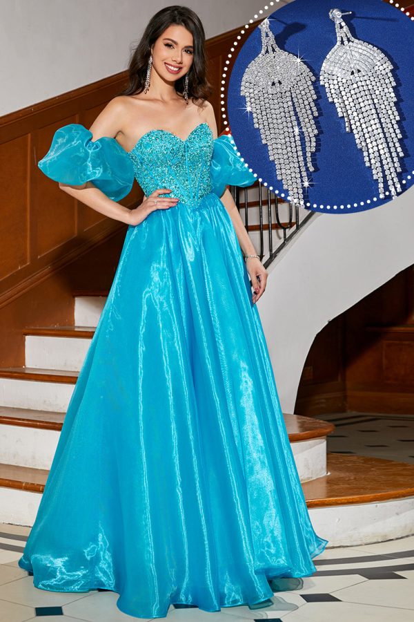 Blauwe A-lijn Off The Shoulder korset kralen galajurk met accessoire Rabatt