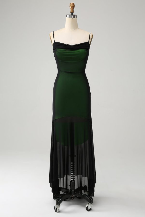 Zwart Groene Spaghetti Bandjes Zeemeermin Chiffon Bruidsmeisje Jurk Verkauf