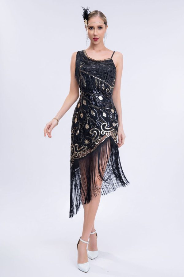 Asymmetrische zwarte Glitter jaren 1920 jurk met franjes Online-Verkauf