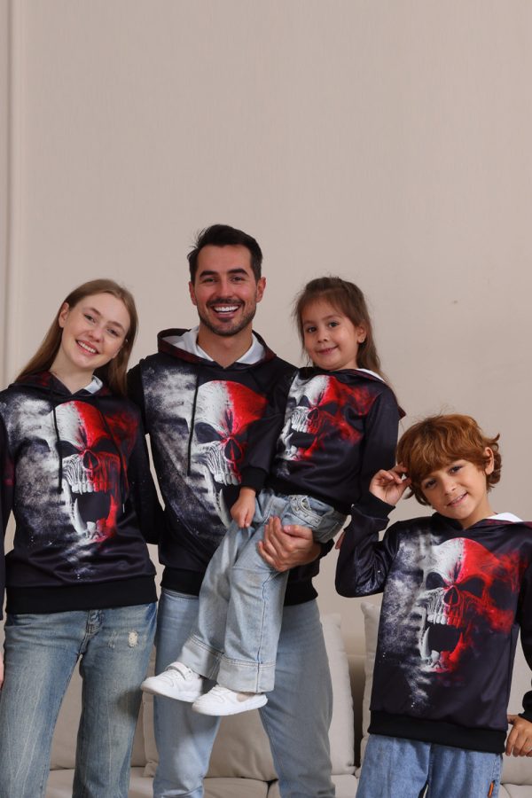 Zwarte Skeleton Print Hooded Halloween familie sweatshirts Zu verkaufen