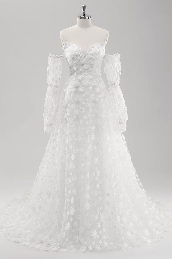 Witte A Line Sweetheart Applique Lace Trouwjurk met afneembare mouwen Zu verkaufen