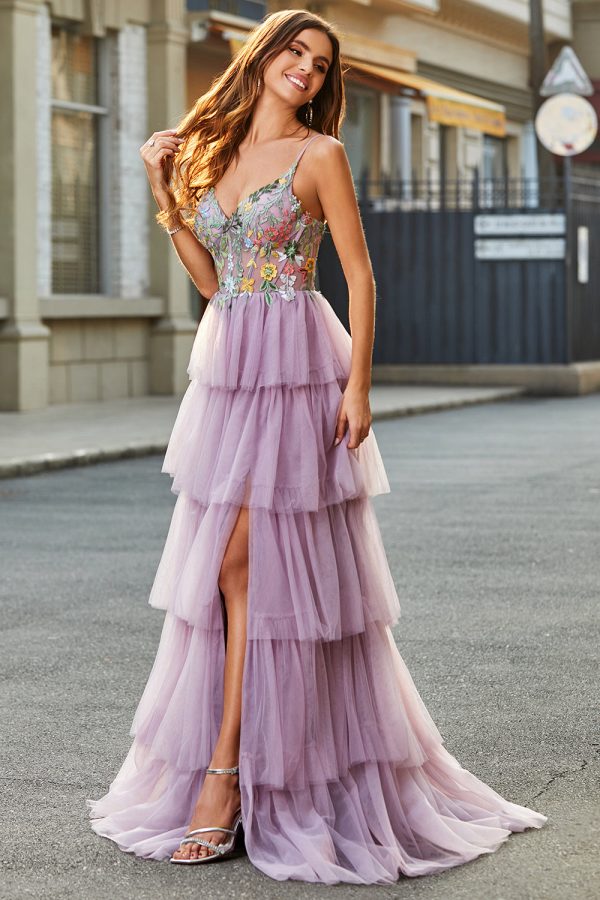 A-lijn tule lang korset gelaagde mauve galajurk met appliques Angebot – Bild 3