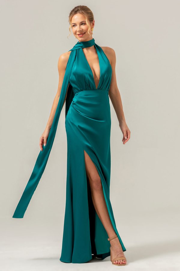 Peacock Sheath V-hals Backless Lange Bruidsmeisje Jurk met Split Rabatt – Bild 4