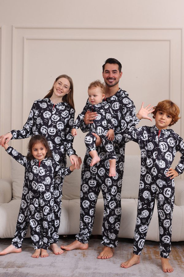 Pompoen Print Zwart Bijpassende Halloween Eendelige Pyjama Schn?ppchen