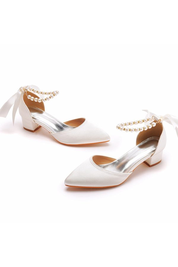 Ivoor Bruids Schoenen Parel Lace Up Bruiloft Hakken Elegante Point Toe Bruiloft Party Schoenen Online – Bild 2