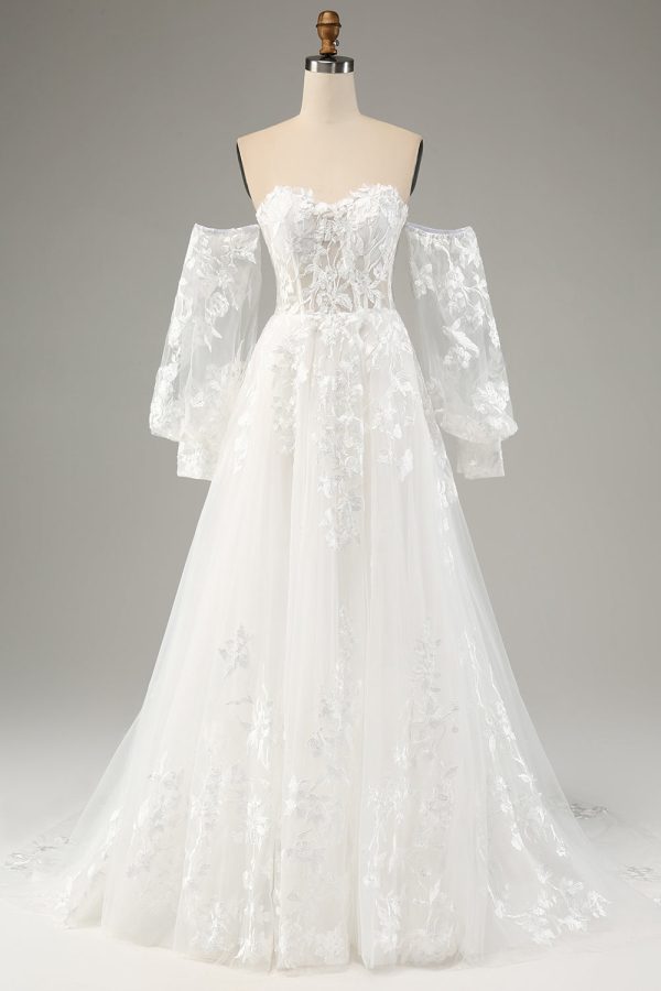 Witte A Line Tule Lange Mouwen Trouwjurk met Appliques Lace Online