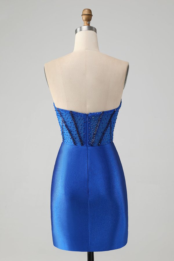 Sparkly Royal Blue Tight Strapless Korte Homecoming Jurk met Kralen Verkauf – Bild 2