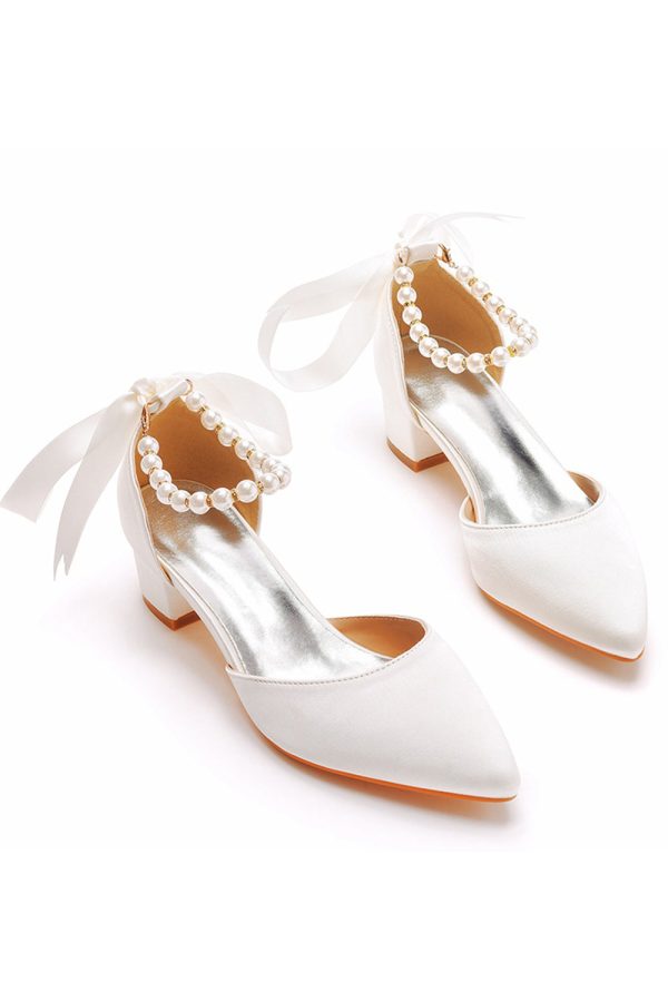 Ivoor Bruids Schoenen Parel Lace Up Bruiloft Hakken Elegante Point Toe Bruiloft Party Schoenen Online