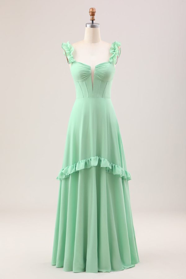 Groene A Line Off The Shoulder Corset Bruidsmeisje Jurk Met Ruches Zu verkaufen