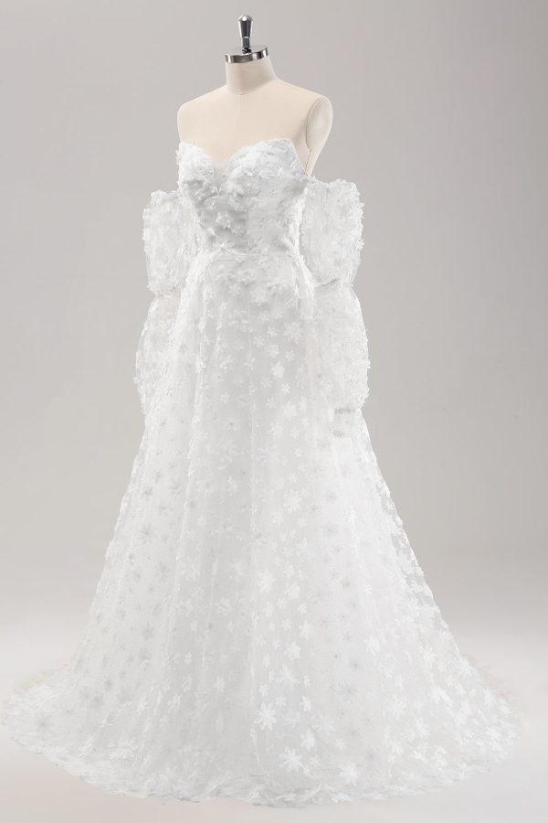 Witte A Line Sweetheart Applique Lace Trouwjurk met afneembare mouwen Zu verkaufen – Bild 5