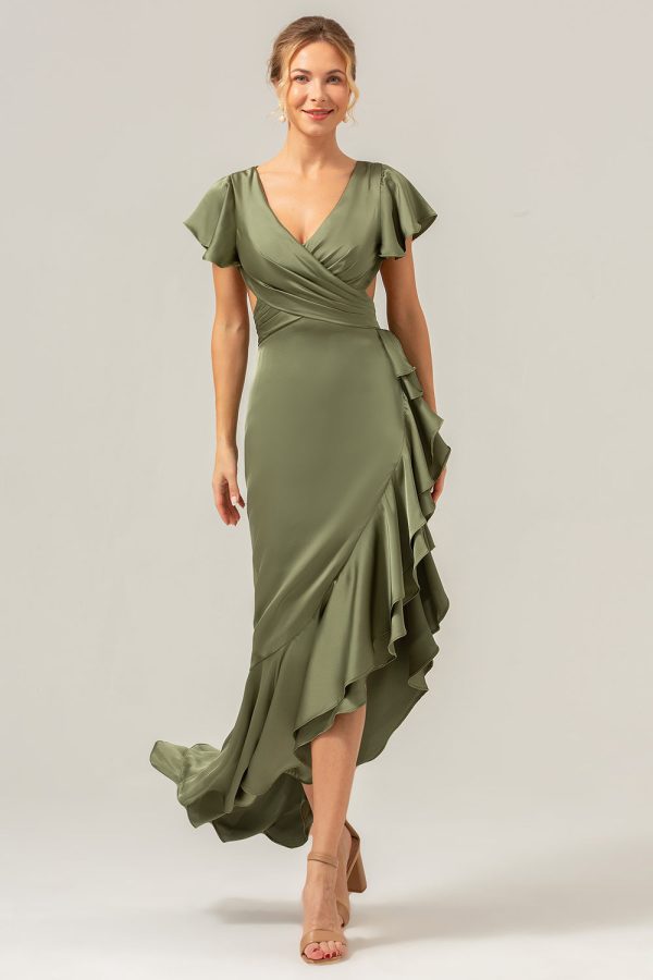 Olive A Line V-hals satijnen asymmetrische bruidsmeisjesjurk met ruches Online-Schn?ppchen – Bild 4