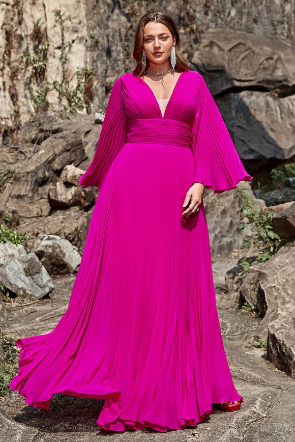 A Line Deep V Neck Dark Fuchsia Plus Size Galajurk met lange mouwen Schn?ppchen – Bild 3