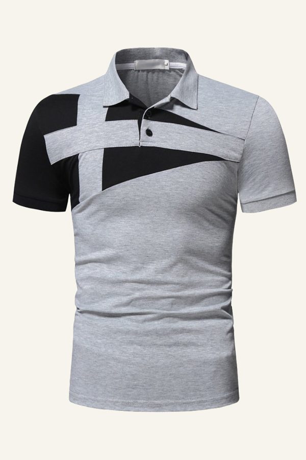 Zwart en grijs Regular Fit Collared Patchwork Heren Polo Shirt Im Angebot