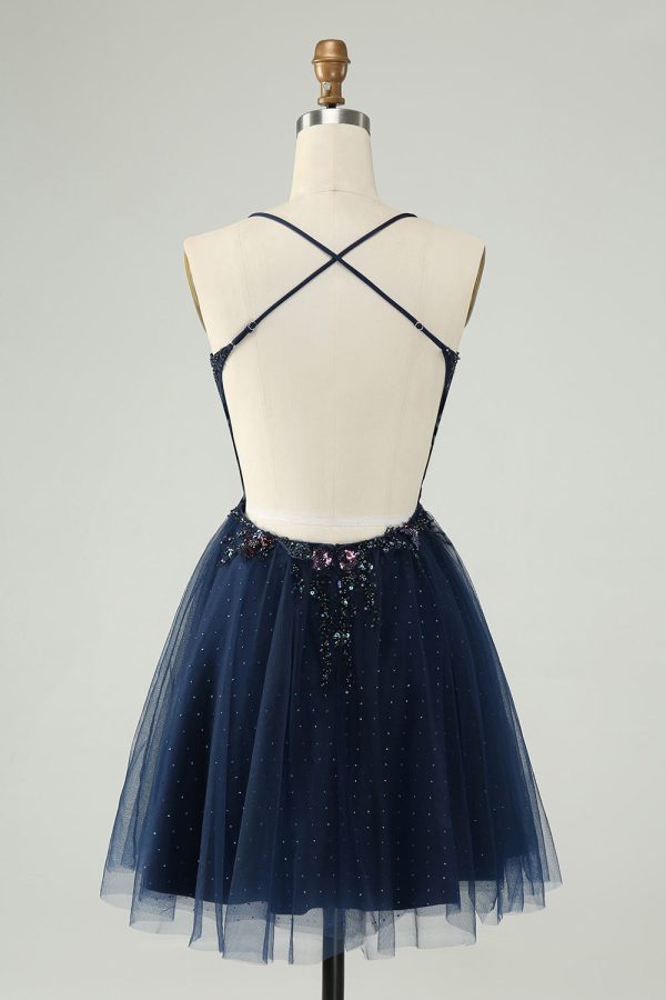 Glitter Navy A-lijn Tule Homecoming Jurk met lovertjes Schn?ppchen – Bild 2