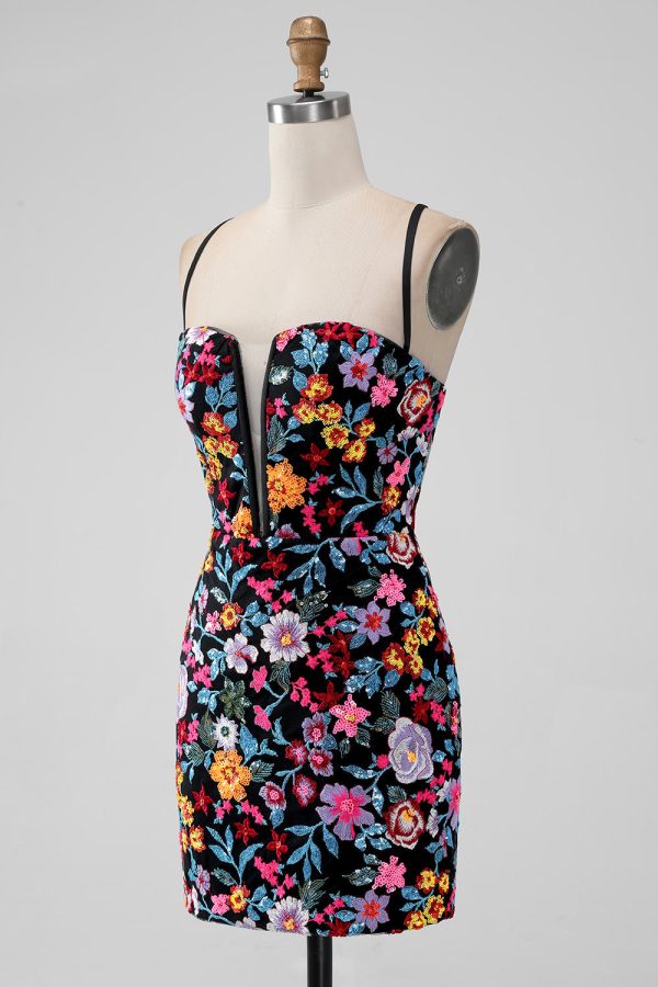 Black Flower Bodycon V-hals spaghettibandjes korte Homecoming Dress Mode – Bild 3