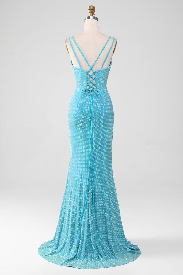 Sprankelende Turquoise zeemeermin Spaghetti bandjes lange Prom jurk met kralen Im Angebot – Bild 2