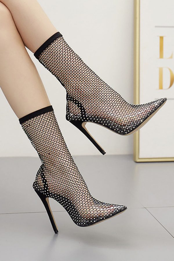 Sprankelende zwarte puntige neus net stiletto hoge hakken Online-Verkauf – Bild 2