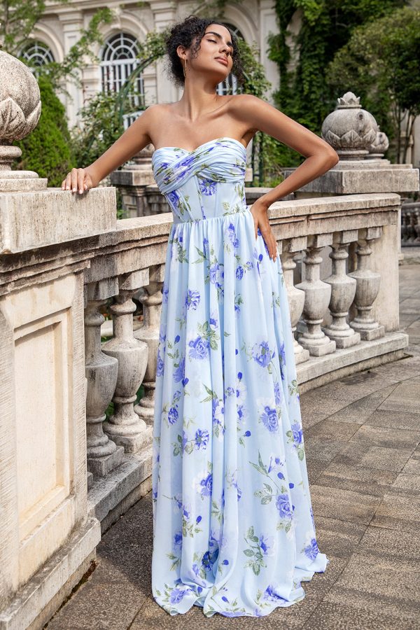 Blauwe bloemen A lijn Sweetheart Strapless Print geplooide lange bruiloft gast jurk Rabatt – Bild 4
