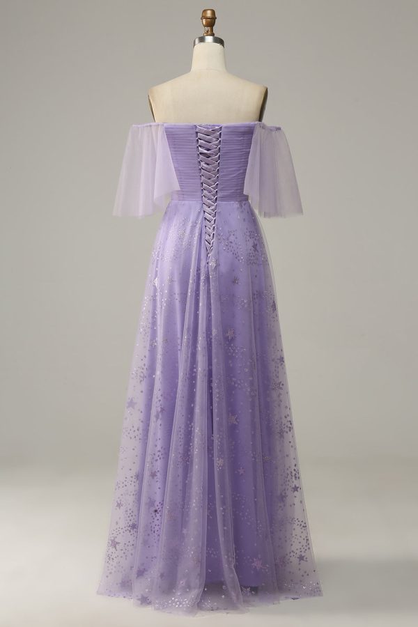 Off Shoulder Lavendel Galajurk met Ruches Zu verkaufen – Bild 2
