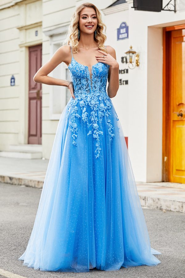 Blauwe A-lijn appliques tule lange galajurk met accessoire Im Angebot – Bild 4