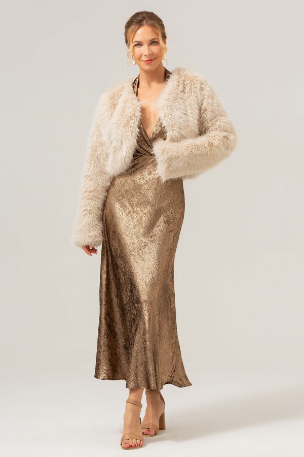 Open Front Apricot Shearling Faux Fur Cropped Coat Angebot