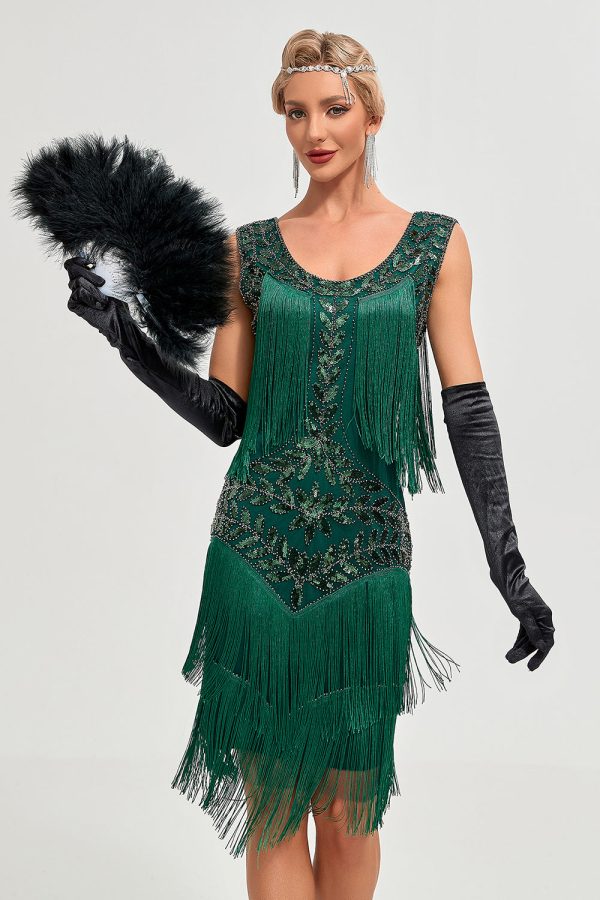 Donkergroene pailletten franjes Great Gatsby jurk met accessoires Set Mode – Bild 4