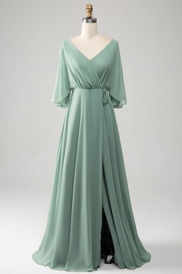 Matcha vleermuismouwen lange chiffon bruidsmeisjesjurk met split Mode
