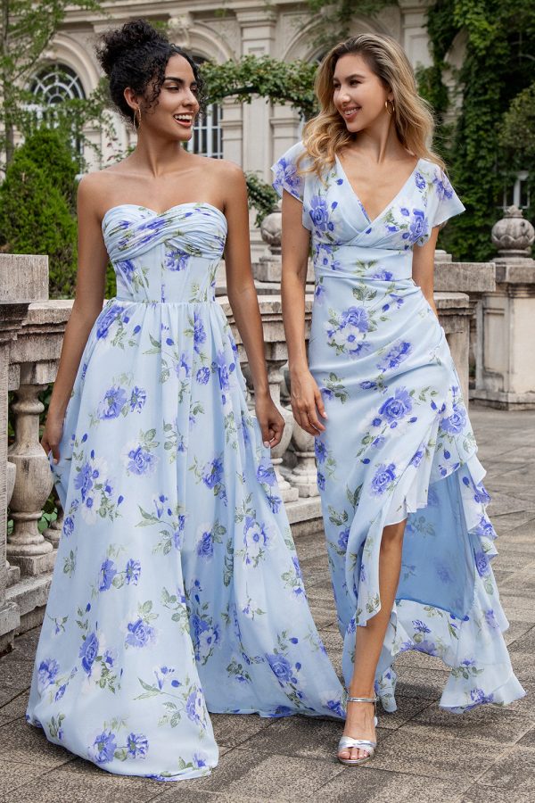 Blauwe bloemen A lijn Sweetheart Strapless Print geplooide lange bruiloft gast jurk Rabatt – Bild 3