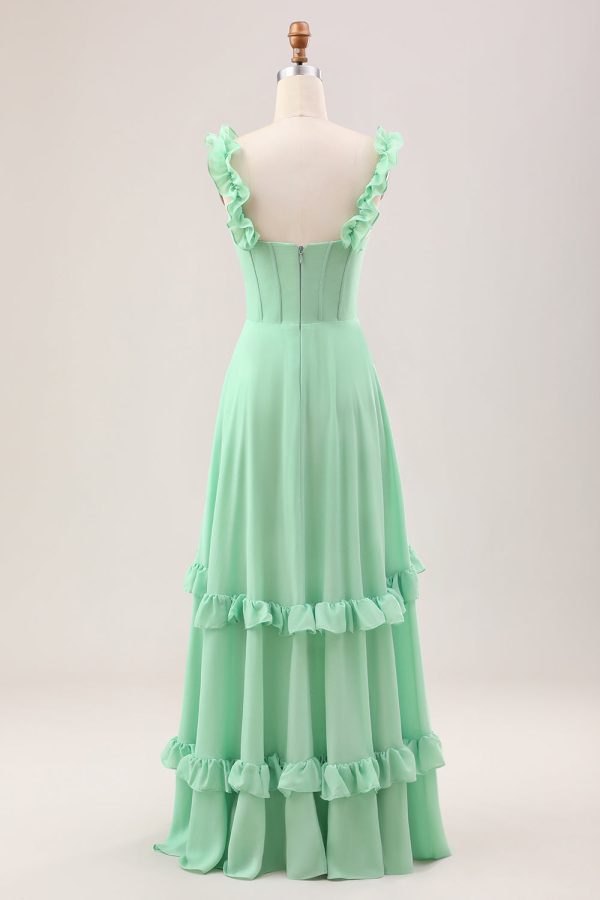 Groene A Line Off The Shoulder Corset Bruidsmeisje Jurk Met Ruches Zu verkaufen – Bild 2