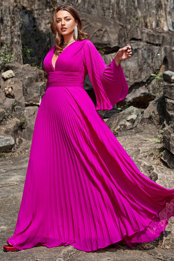 A Line Deep V Neck Dark Fuchsia Plus Size Galajurk met lange mouwen Schn?ppchen