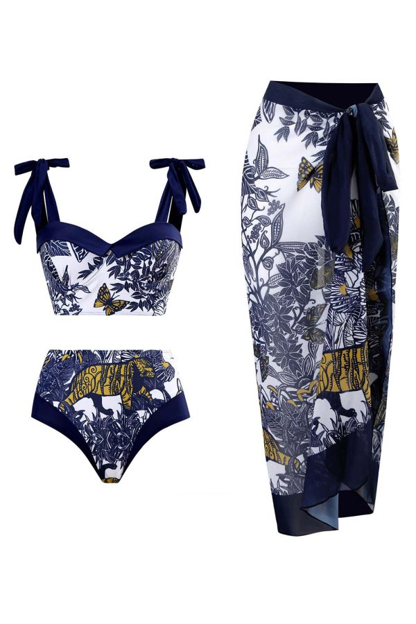 Hoge taille bedrukt donkerblauwe 3-delige badmode set met strandjurk Schn?ppchen
