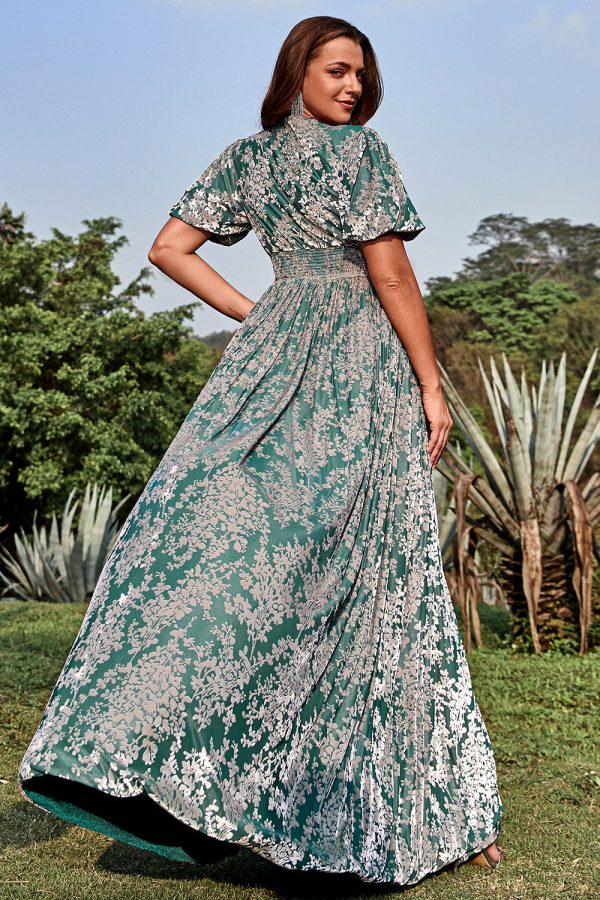 A lijn V-hals groene bloemen bedrukte plus size galajurk met korte mouwen Schn?ppchen – Bild 2