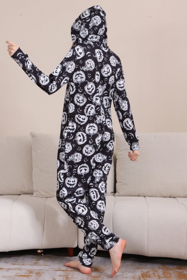 Pompoen Print Zwart Bijpassende Halloween Eendelige Pyjama Schn?ppchen – Bild 5