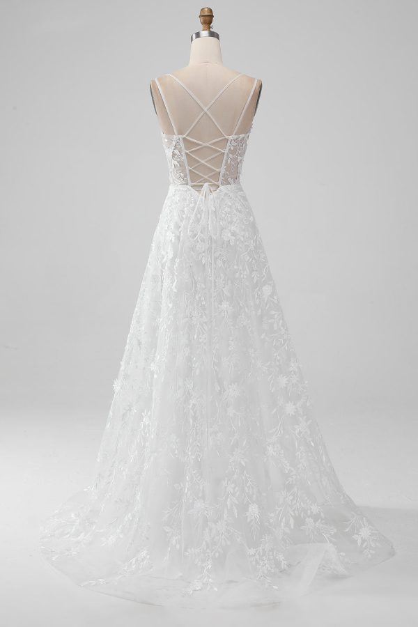Ivoor A Line Spaghetti Bandjes Applique Lace Corset Trouwjurk met Split Jetzt online – Bild 2