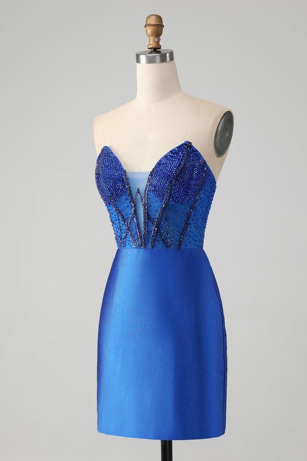 Sparkly Royal Blue Tight Strapless Korte Homecoming Jurk met Kralen Verkauf – Bild 3