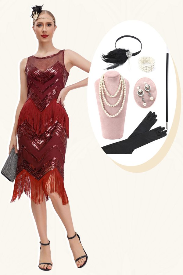 Franjes rode Sparkly jaren 1920 jurk met accessoires Set Angebot