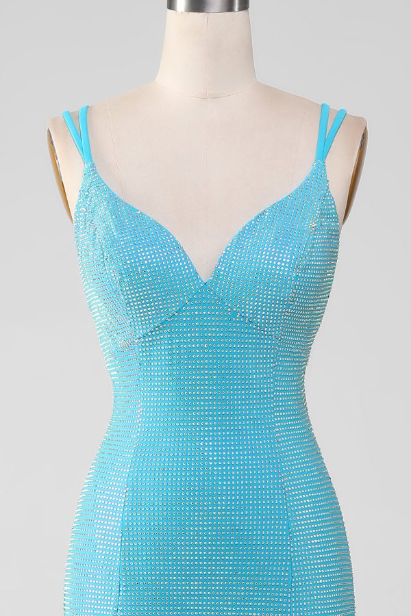 Sprankelende Turquoise zeemeermin Spaghetti bandjes lange Prom jurk met kralen Im Angebot – Bild 4