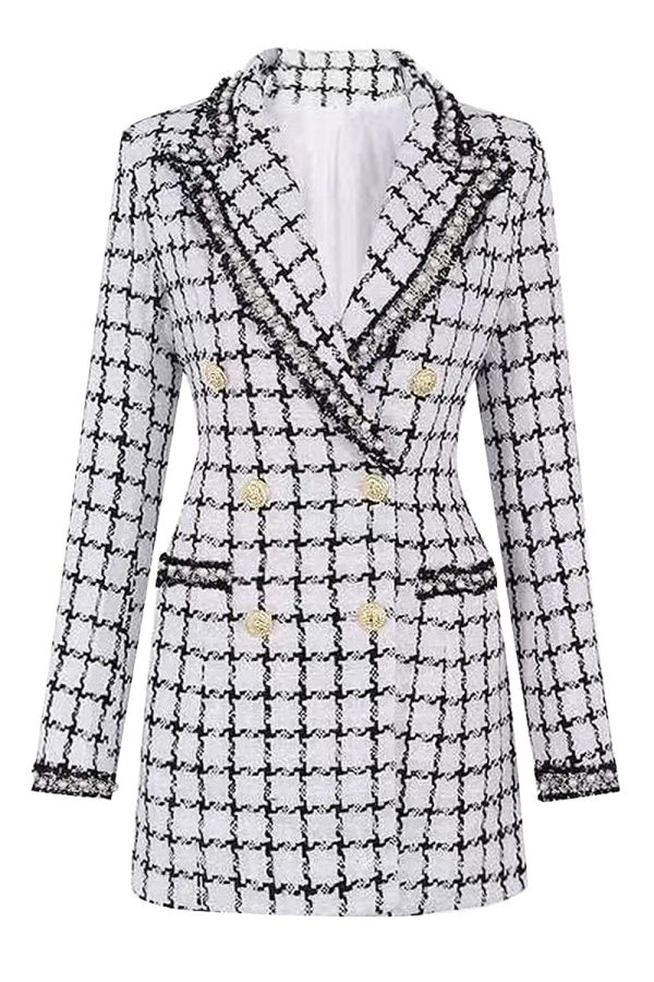 Mix Black Grid Peak Lapel Dames Jas met parelmoer Rabatt