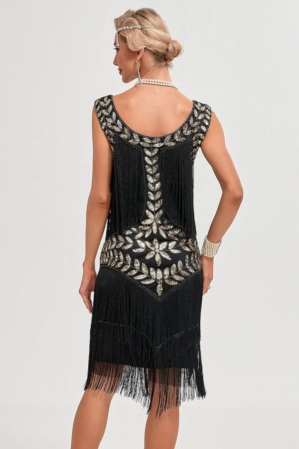 Glitter zwarte pailletten omzoomd jaren 1920 Gatsby jurk met accessoires Set Schn?ppchen – Bild 2