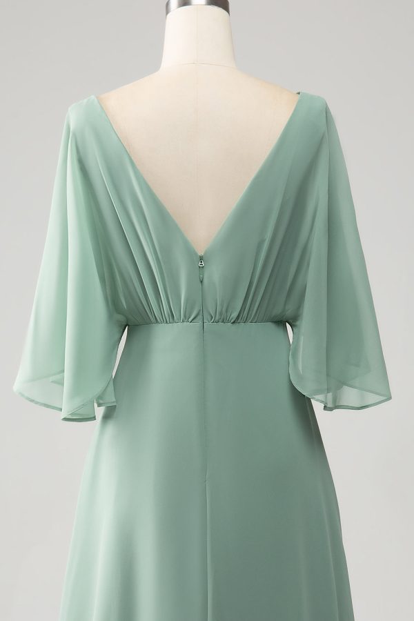 Matcha vleermuismouwen lange chiffon bruidsmeisjesjurk met split Mode – Bild 5