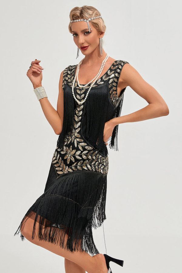 Zwarte Gatsby jaren 1920 Flapper jurk met pailletten en franjes Online – Bild 4