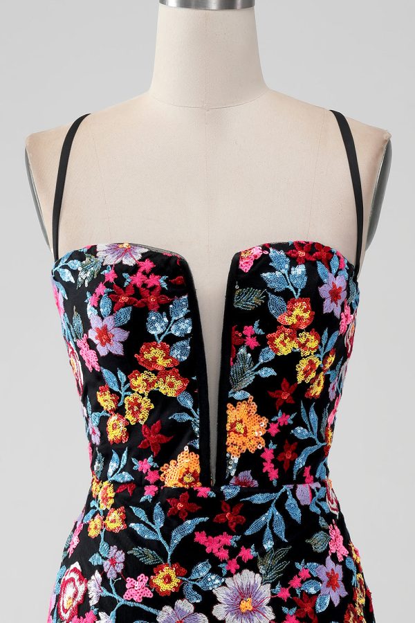 Black Flower Bodycon V-hals spaghettibandjes korte Homecoming Dress Mode – Bild 4