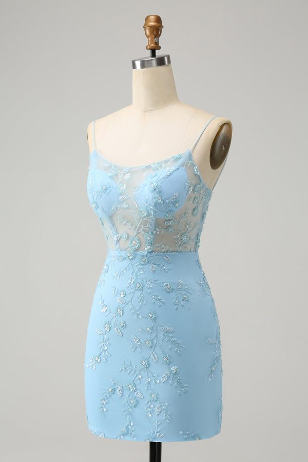 Blauwe Spaghettibandjes Bodycon Homecoming Jurk met Veters Terug Online-Verkauf – Bild 3