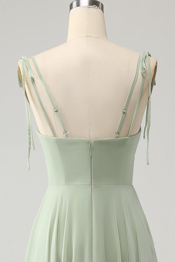 Matcha A-lijn spaghettibandjes chiffon bruidsmeisjesjurk met ruches Verkauf – Bild 5