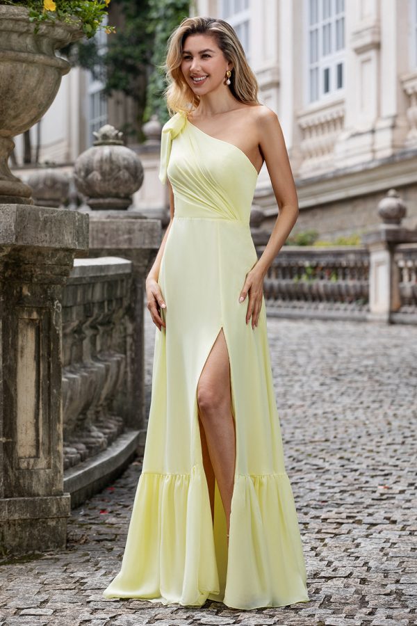 Gele A Line One Shoulder Lange Bruiloft Partij Guest Dress met Split Zu verkaufen – Bild 5