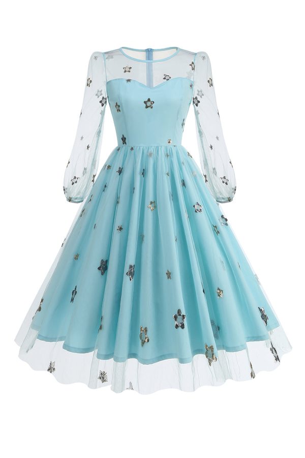 Floral Blue A Line jaren 1950 jurk met lange mouwen Online-Verkauf