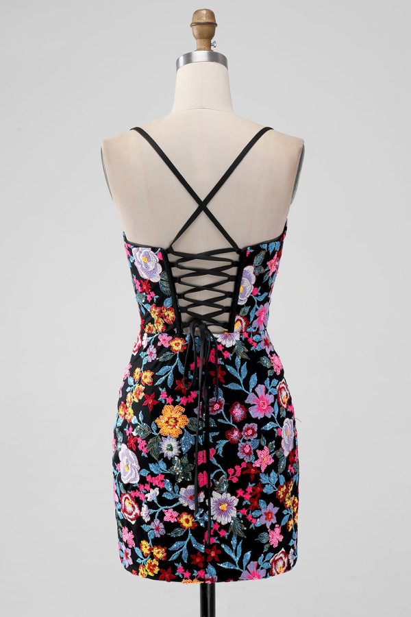 Black Flower Bodycon V-hals spaghettibandjes korte Homecoming Dress Mode – Bild 2