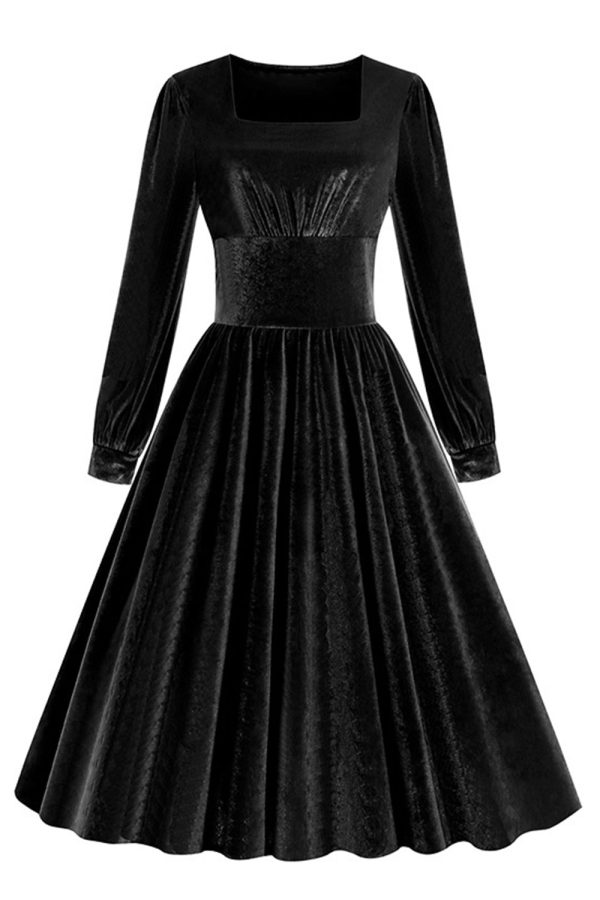 Zwarte A Line Lange Mouwen Geplooide Vintage jaren 1950 Jurk Mode